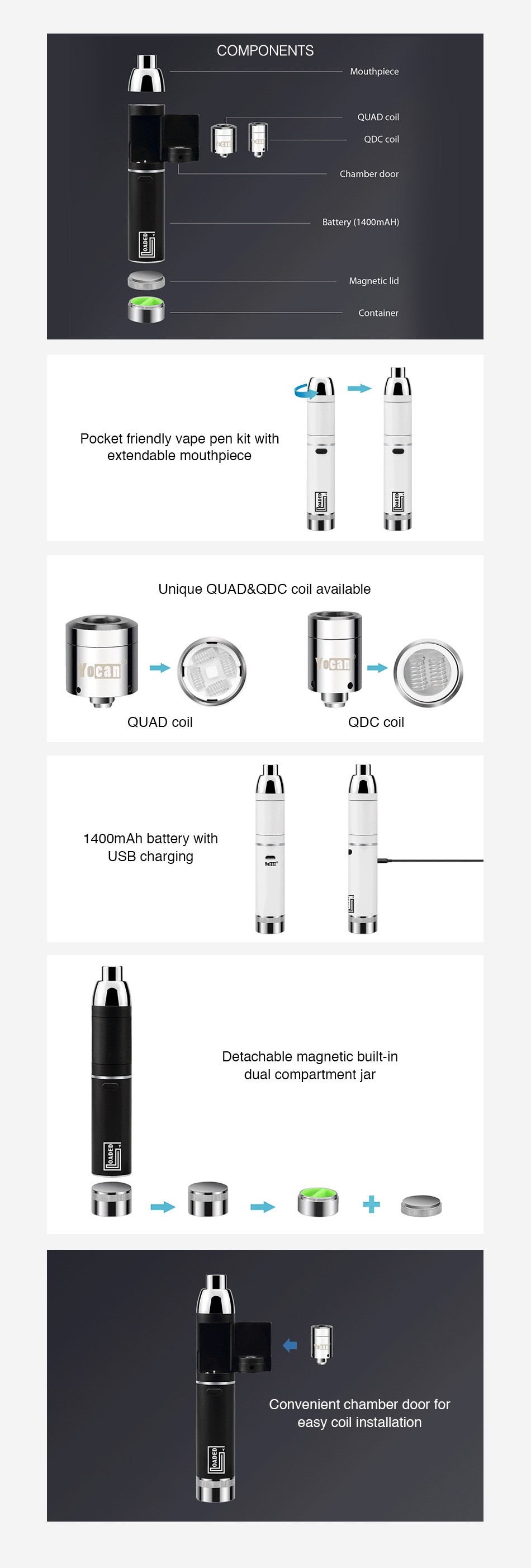 Yocan Loaded Wax Vape Pen Kit 1400mAh COMPONENTS   Battery 1400mAH  Pocket triendly vape pen kit with extendable mouthpiece Unique qUAD QDC coil available acan QUAD cOil QDC coil 1400mAh battery with USB charging letic built in lual compartment jar       Convenient chamber door for easy coil installation