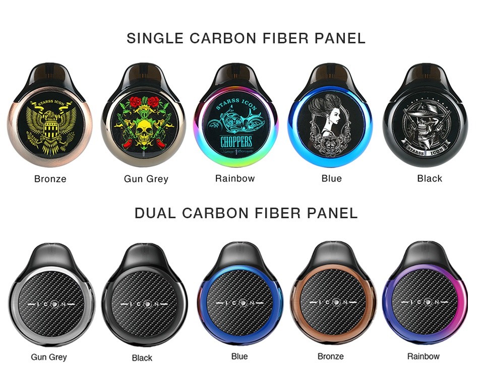 Starss Icon Pod Starter Kit 380mAh SINGLE CARBON FIBER PANEL CHOPPERS Bronze Gun Grey Rainbow Blue Black DUAL CARBON FIBER PANEL Gun Grey Black Bronze