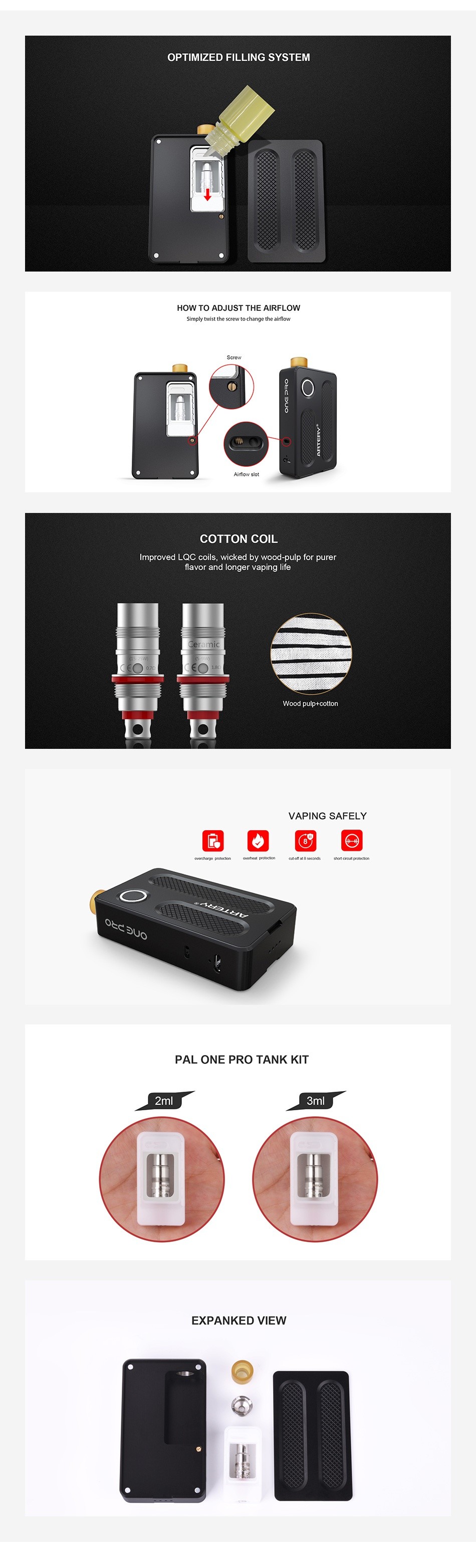 [With Warnings] Artery PAL One Pro Starter Kit 1200mAh OPTIMIZED FILLING SYSTEM HOW TO ADJUST THE AIRFLOW COTTON COIL b  PAL ONE PRO TANK KIT EXPANKED VIEY