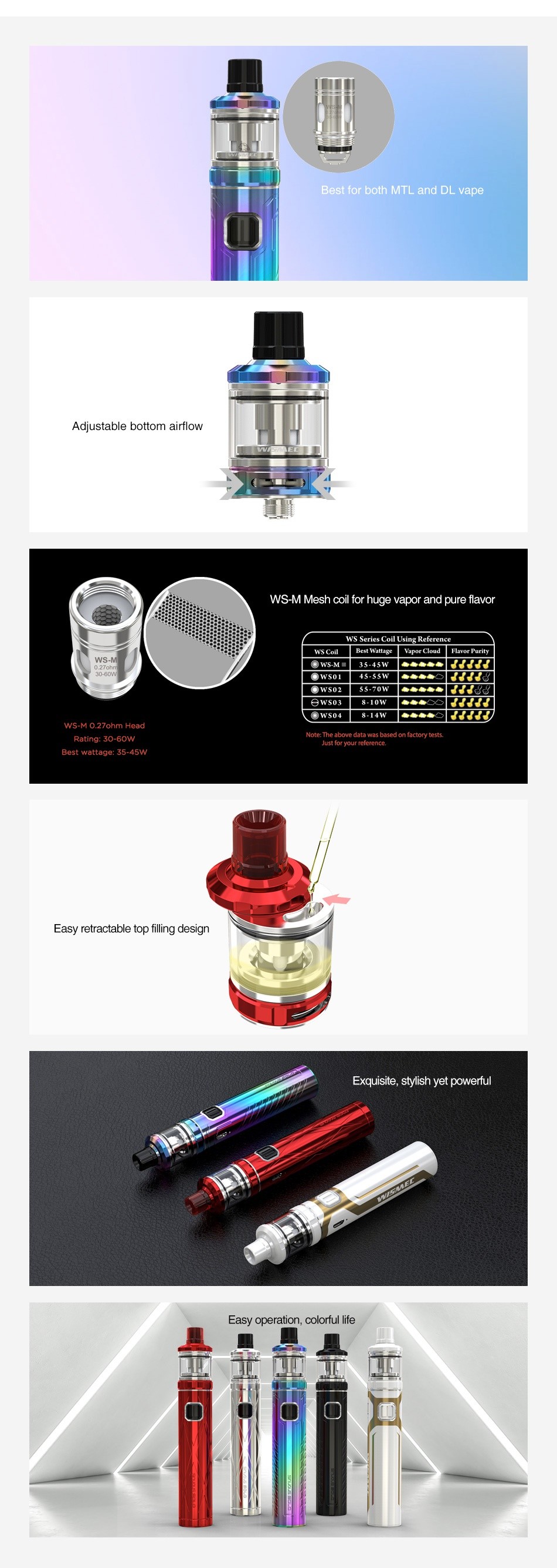 WISMEC SINUOUS Solo Starter Kit with Amor NS Pro 2300mAh Best for both MTL and DL vape Adjustable bottom airflow WS M Mesh coil for huge vapor and pure flavor EIWS Ma 35 45w vS0145 55   w50255 70W  wS Md o  27uhun Head Ratine  30 60w est wattage  35 45w Easy retractable top hilling design Exquisite  stylish yet powerful Easy operation  colorful lile
