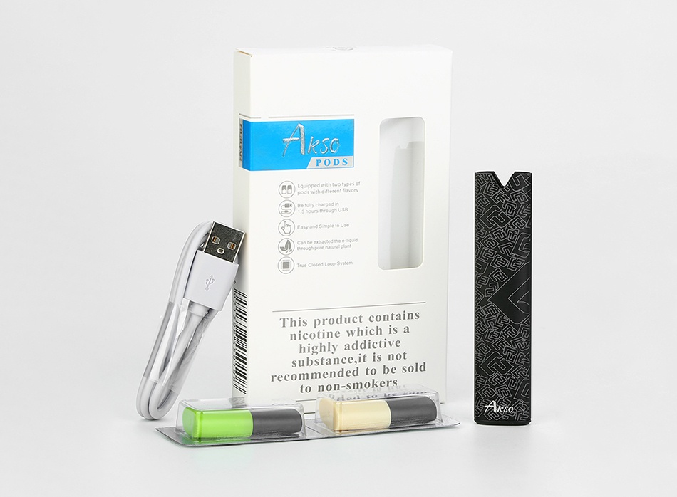 Hcigar Akso Pod Kit 350mAh Pre-filled E-liquid PODS This product contains nicotine which is a highly addictive abstance ot com ded to to non smokers