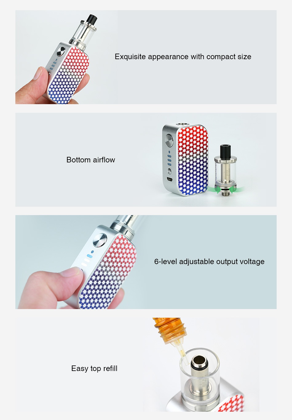 Arctic Dolphin ELUX Starter Kit 1300mAh Exquisite appearance with compact size     Bottom airflow 6 level adjustable output voltage Easy top refi