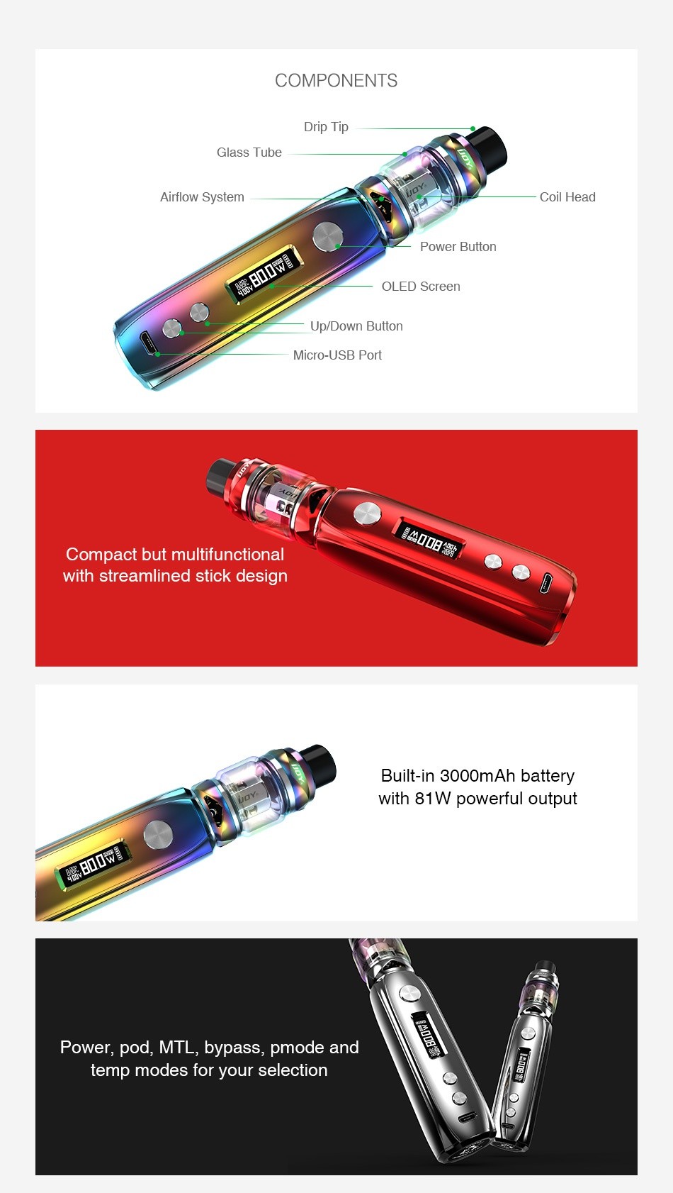 IJOY Katana 81W TC Kit 3000mAh COMPONENTS Glass Tub Airflow System Coil Head Power button OLED Scree Up Down Button Micro USB Port Compact but multifunctional with streamlined stick desig Built in 3000mAh battery With 81W powerful output ower  pod  MTL  bypass  pmode and temp modes for your selection