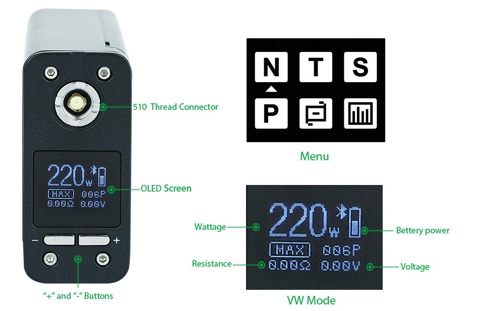 SMOK XCUBE Ultra 220W TC Bluetooth MOD NTS 510 Thread connector P   Menu 220  A ssP OLED Screen 88892888W Wattage 220  etter power    EP and  bUtton WMOde