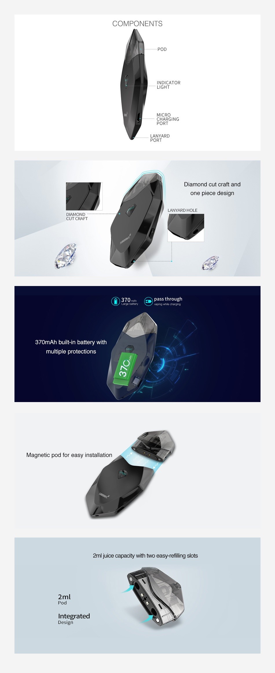 Smoant Karat Pod Starter Kit 370mAh  KARAT smANT Gradient blue Rainbow KARAT KARAT SMOAN Smart  Bronze blu Black Gunmetal