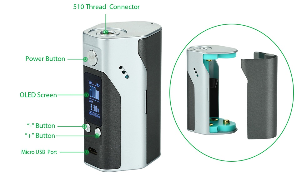 WISMEC Reuleaux RX200S TC Express Kit 510 Thread connector Power Button OLED Screen     Button   Button Micro usb port