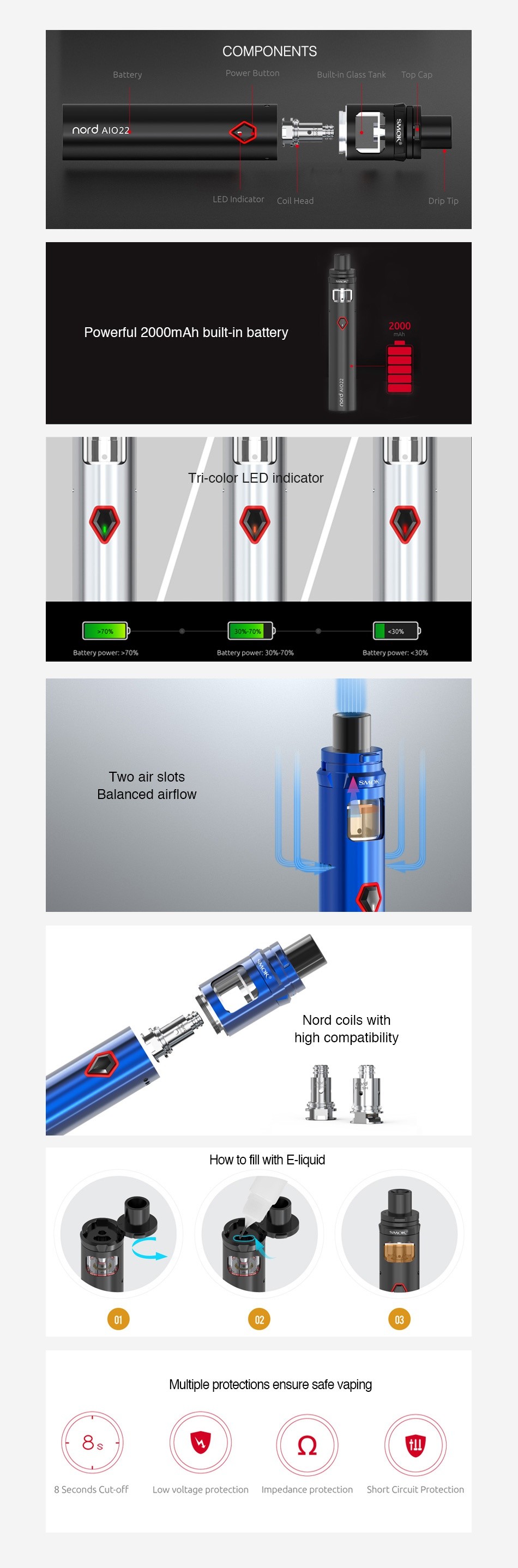 SMOK Nord 22 AIO Starter Kit 2000mAh COMPONENTS LED Indicator Coil Head Powerful 2000mAh built in battery Tri colar LED indicator Battery power 70 Battery power 307 70 Battery power 30 Two air slots Balanced airflow Nord coils high compat fill with Multiple protections ensure safe vaping I Q ut off Low voltage protection Impedance protection Short Circuit Protection