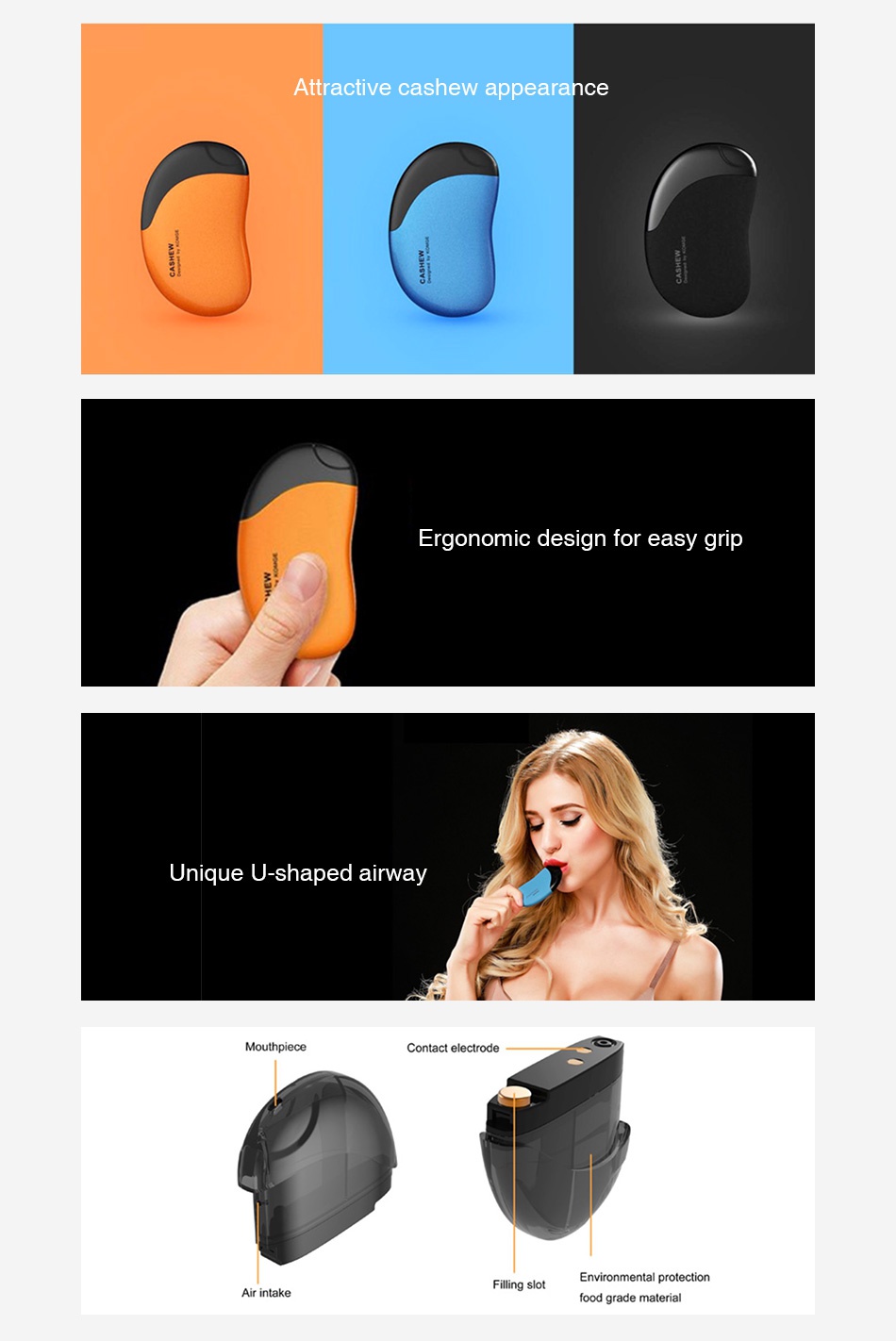 KOMGE Cashew AIO Pod Kit 380mAh Attractive cashew appearance Ergonomic design for easy grip Unique U shaped airway Contact electrode Filling slot Environmental protection Air intake food grade material