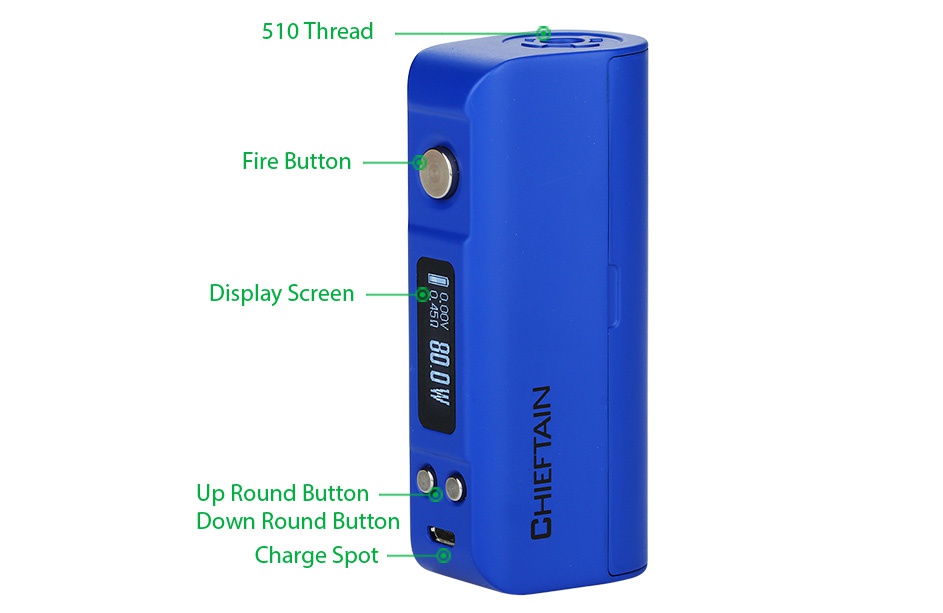 WOTOFO Chieftain 80W TC BOX MOD 510 Thread Fire button Display Screen Up Round button Down round button Charge spot