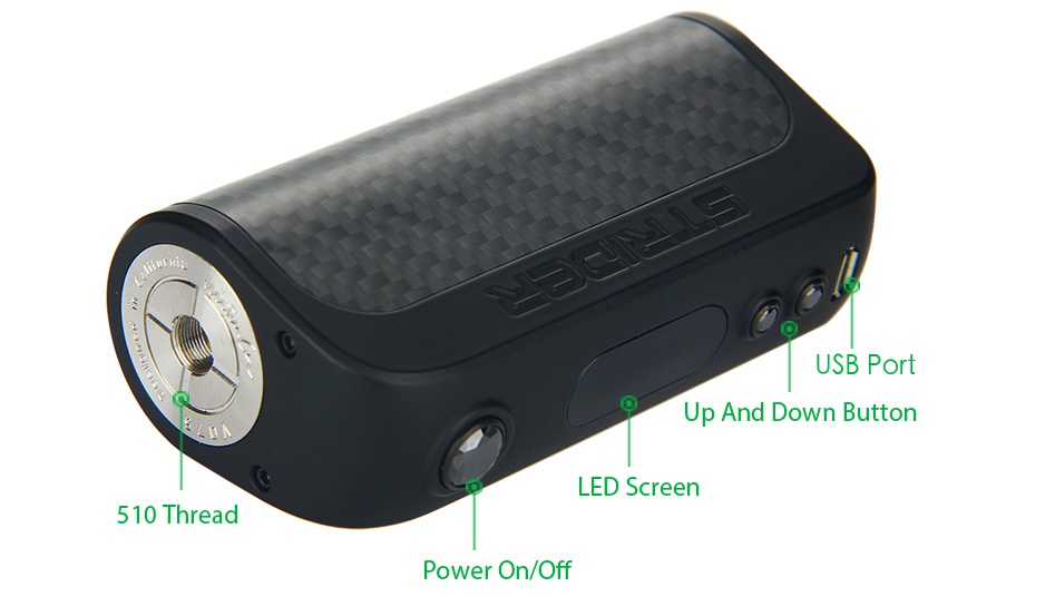 Asvape Strider VO75 TC Box MOD USB Port Up And down button LED Screen 510 Thread Power on O f