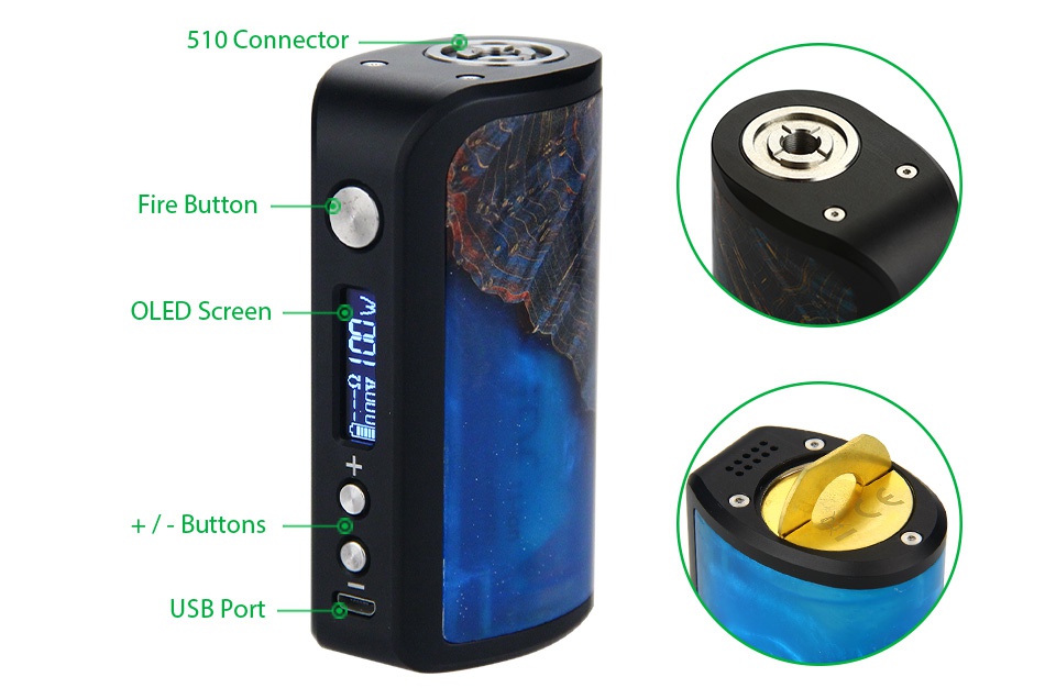 Arctic Dolphin Adonis Max 100W Stabilized Wood TC MOD 510 Connector Fire button OLED Screen       Buttons USB Port