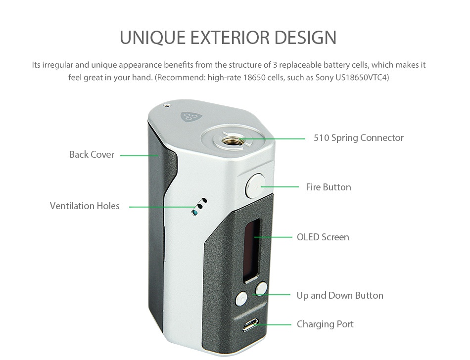 Wismec Reuleaux DNA200 TC Express Kit UNIQUE EXTERIOR DESIGN Its irregular and unique appearance benefits from the structure of 3 replaceable battery cells which makes it feel great in your hand Recommend high rate 18650 cells such as Sony US18650VTC4 510 Spring Connector Back cove Fire butt Ventilation holes OLED Scree and down button Port
