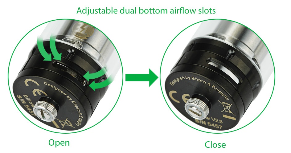 Ehpro Billow V2.5 RTA 6ml Adjustable dual bottom airflow slots Open Close