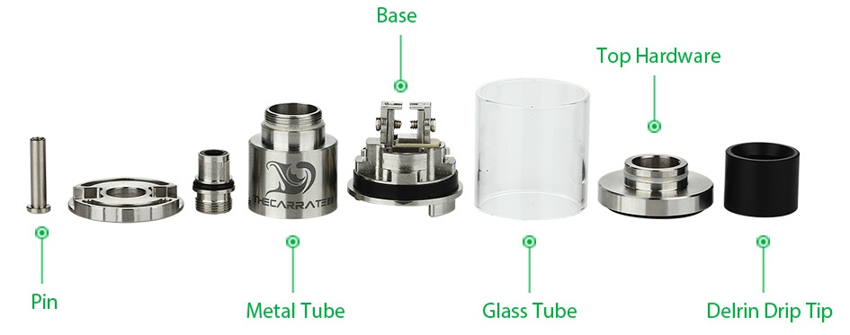 Tesla The Carrate 22 RTA Atomizer 2ml Base Top Hardware Metal Tube lass Tube Delrin Drip Tip