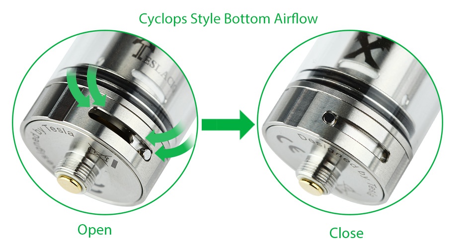 Tesla Blade 24 RTA Tank Cyclops Style Bottom Airflow Open Close