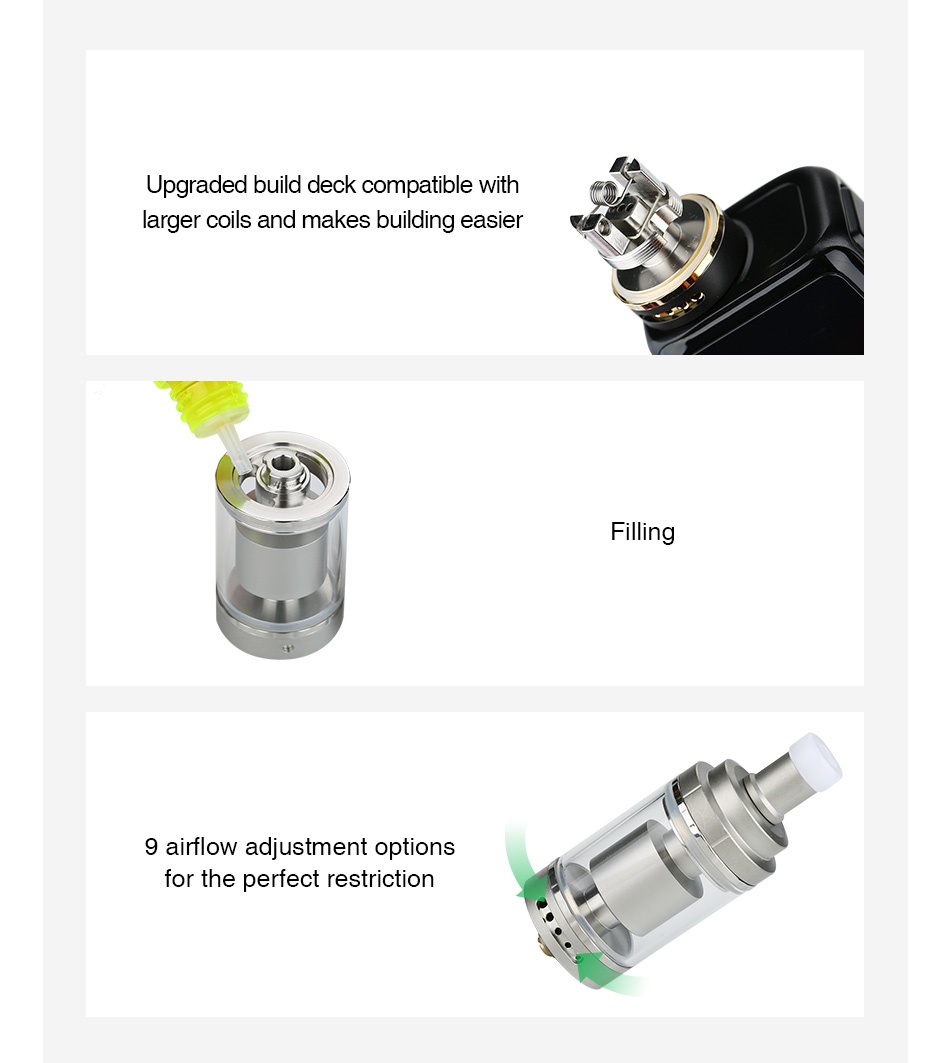 Digiflavor Siren 2 GTA MTL Atomizer 2ml/4.5ml Upgraded build deck compatible with larger coils and makes building easier Filling 9 airflow adiustment options or the perfect restriction
