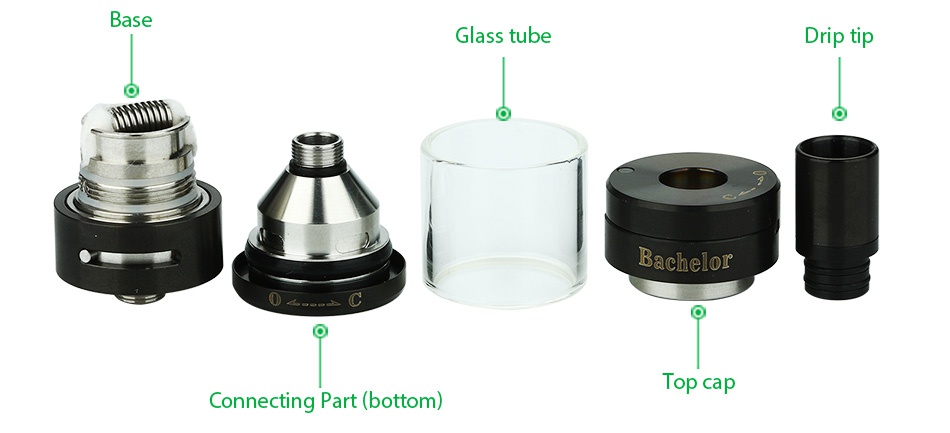 Ehpro Bachelor Nano RTA Tank 2ml Black Base Glass tube Drip tip Bachelor Top cap Connecting Part bottom