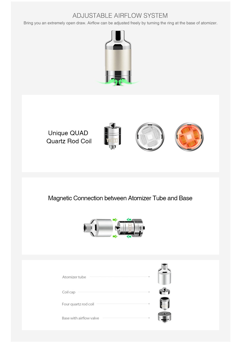 Yocan Evolve Plus XL Atomizer ADJUSTABLE AIRFLOW SYSTEM ing you an extremely open draw  Airflow can be adjusted freely by turning the ring at the base of atomizer Unique QUAD Quartz Rod coil Magnetic Connection between Atomizer Tube and Base Atomizer tube Coil cap Four quartz rod co T Base with airflow valve