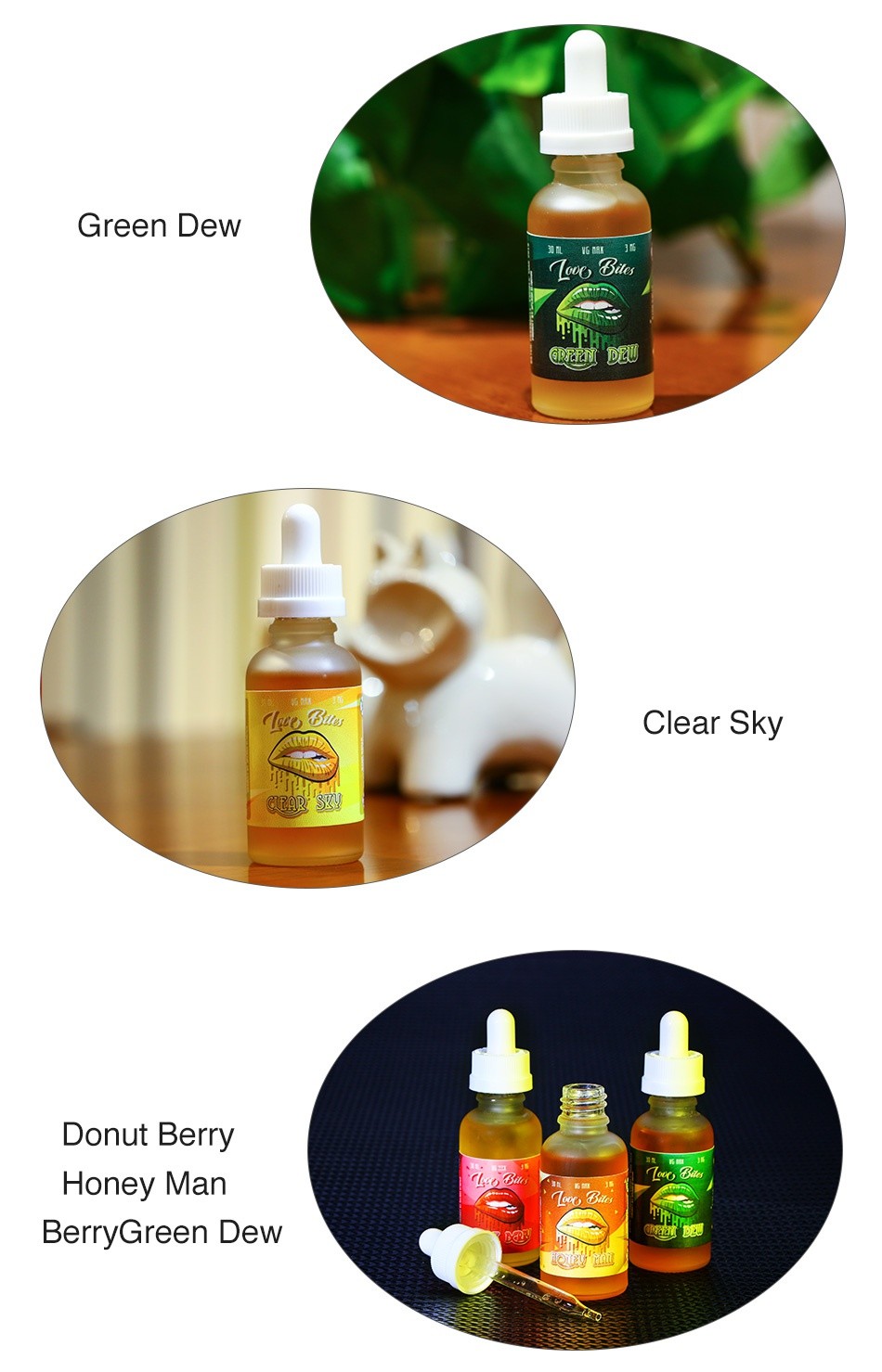 Love Bites Mango Man/Honey Man/Clear Sky/Green Dew/Donut Berry PG+VG E-liquid E-juice 30ml Green Dew Clear Sky Donut Berry Honey Man BerryGreen Dew