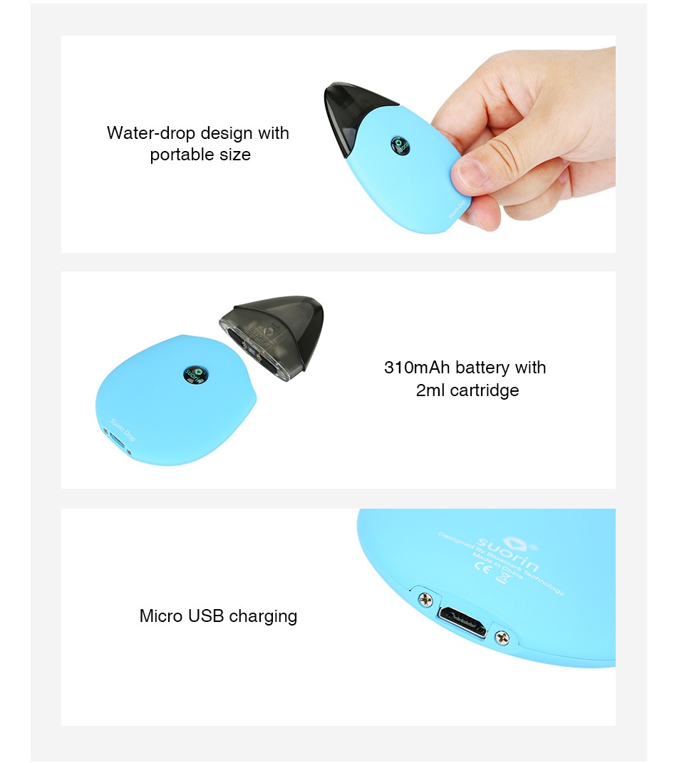 Suorin Drop Starter Kit 310mAh Water drop design with portable size 310mAh battery with 2m cartridge micro USB charging