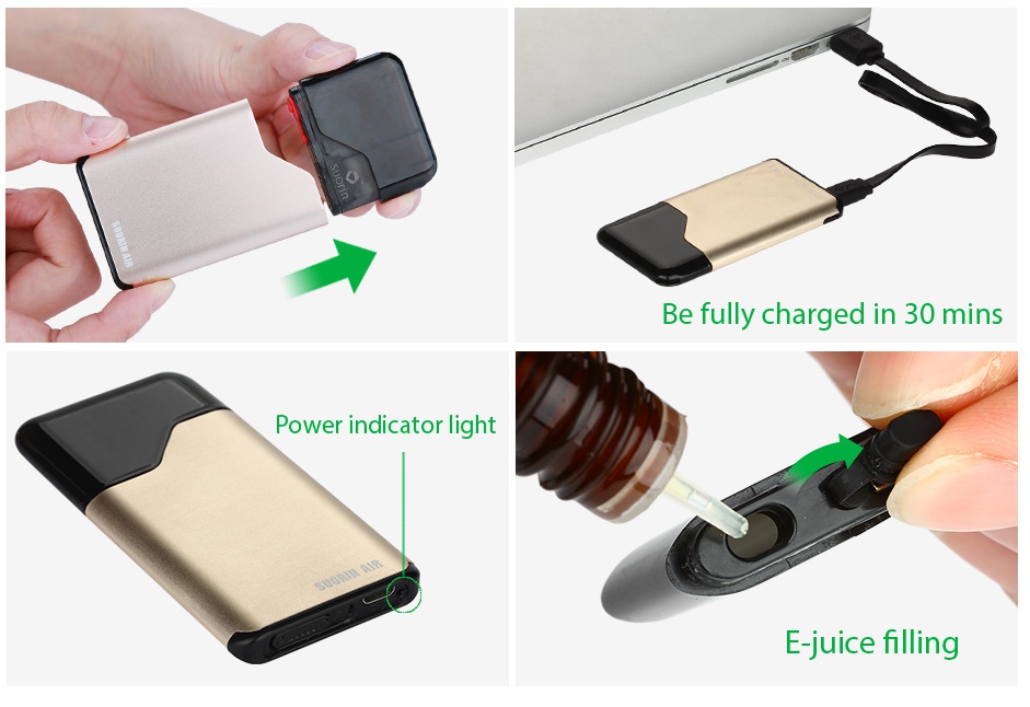 Suorin Air Starter Kit 400mAh Be fully charged in 30 mins Power indicator light E juice filling