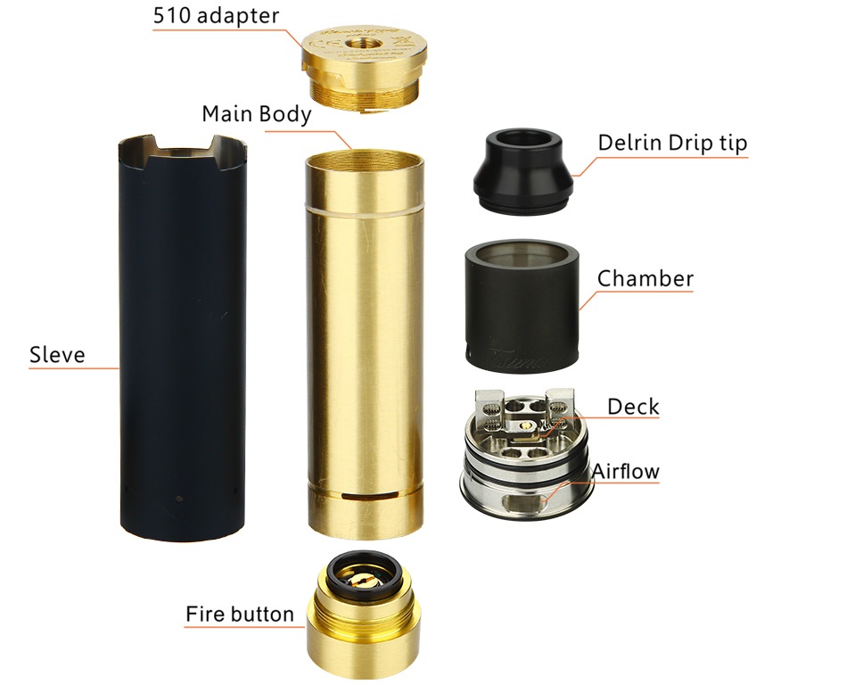 GeekVape Tsunami Mech Kit 510 adapter Main bod Delrin Drip tip Chamber Sleve Deck Airflow Fire button