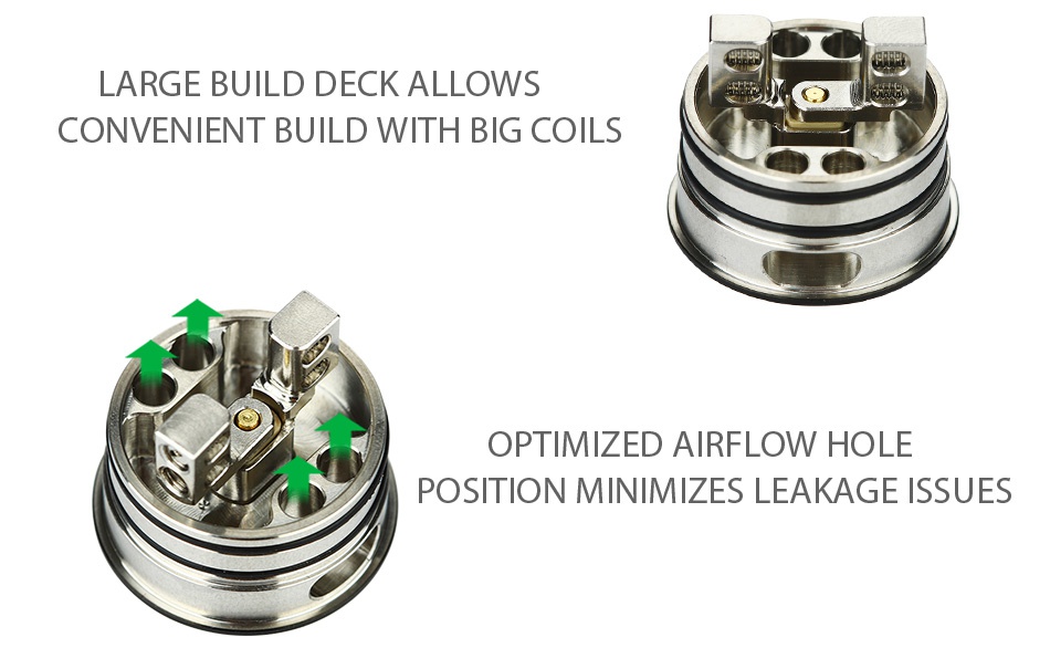 GeekVape Tsunami Mech Kit LARGE BUILD DECK ALLOWS CONVENIENT BUILD WITH BIG COILS OPTIMIZED AIRFLOW HOLE POSITION MINIMIZES LEAKAGE ISSUES