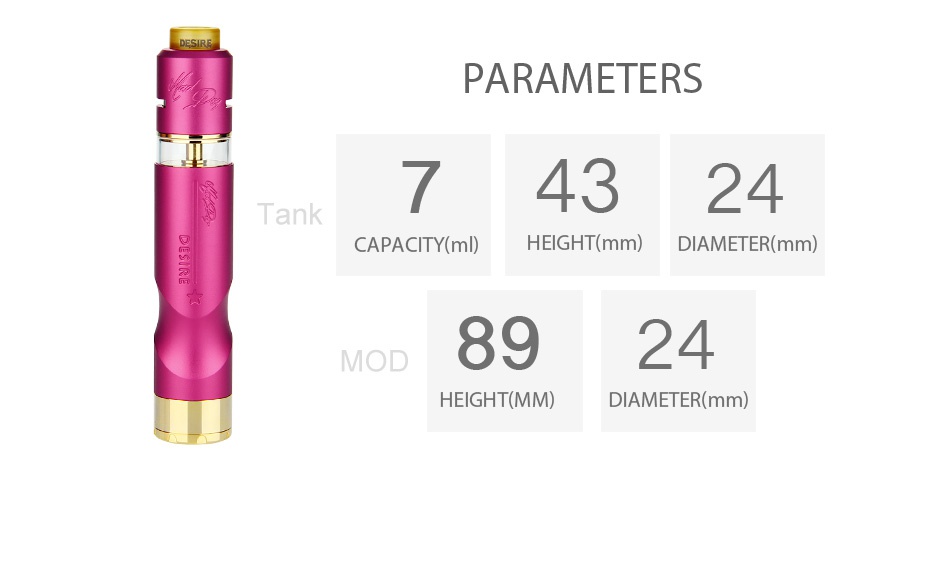 Desire Mad Dog RDTA MECH Kit PARAMETERS 74324 Tank CAPACITY ml  HEIGHT mm  DIAMETER mm  MOD 8924 HEIGHT MM  DIAMETER mm