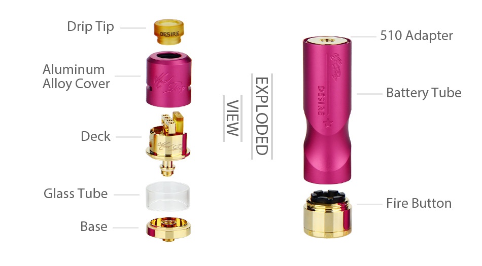 Desire Mad Dog RDTA MECH Kit Drip Tip 510 Adapter Aluminum Alloy Cover Battery Tube m  Deck  FOm Glass Tube Fire button Base RED