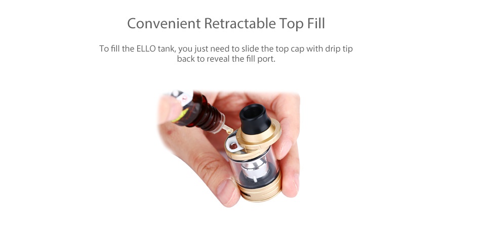 Eleaf iKonn 220 with Ello Kit Convenient Retractable Top Fill To fill the ELLo tank  you just need to slide the top cap with drip tip back to reveal the fill port