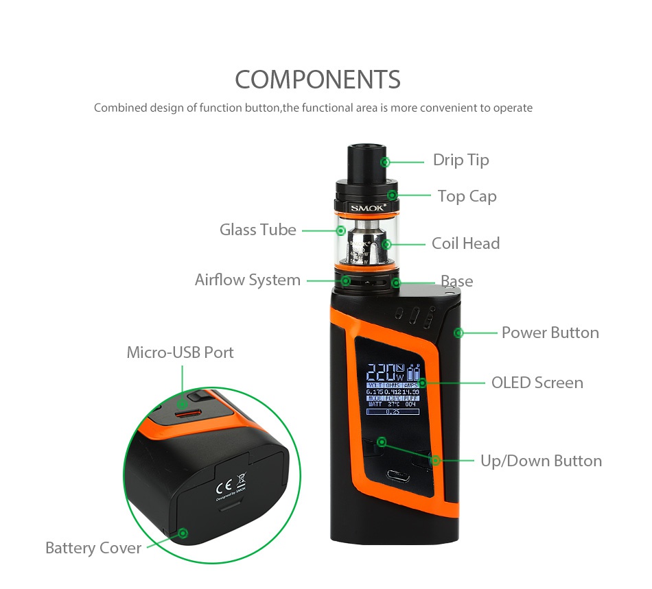 SMOK Alien 220W Kit with TFV8 Baby COMPONENTS Combined design of function button  the functional area is more convenient to operate Drip t Top Cap Glass Tube Coil head Airflow System Base Power button Micro USB Port OLED Screen Up Down Button Battery Cover
