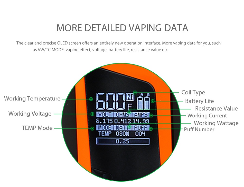 SMOK Alien 220W Kit with TFV8 Baby MORE DETAILED VAPING DATA The clear and precise OLED screen offers an entirely new operation interface  More vaping data for y ou  S as W TC MODE  vaping effect  voltage  battery life  resistance value etc Coil ty Working Temperature o kiNiGr Battery Life Resistance value orking voltage IVOLT OHMS AMPSo Working Current 6 1750 4121H 99 TEMP Mode MODE WATT PUFFI Working Wattage Puff number TEMP 030W 004 0 2s