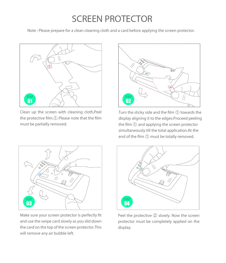 SMOK Alien 220W Kit with TFV8 Baby SCREEN PROTECTOR Note  Please prepare for a clean cleaning cloth and a card before applying the screen protect Clean up the screen with cleaning cloth  Peel Turn the sticky side and the film towards the the protective film  Please note that the film display aligning it to the edges  Proceed peeling must be partially removed the film  1 and applying the screen protector simultaneously till the total application  At the end of the film o must be totally removed Make sure your screen protector is perfectly fit Peel the protective 2 slowly  Now the screen and use the swipe card slowly as you slid down protector must be completely applied on the the card on the top of the screen protector this will remove any air bubble left