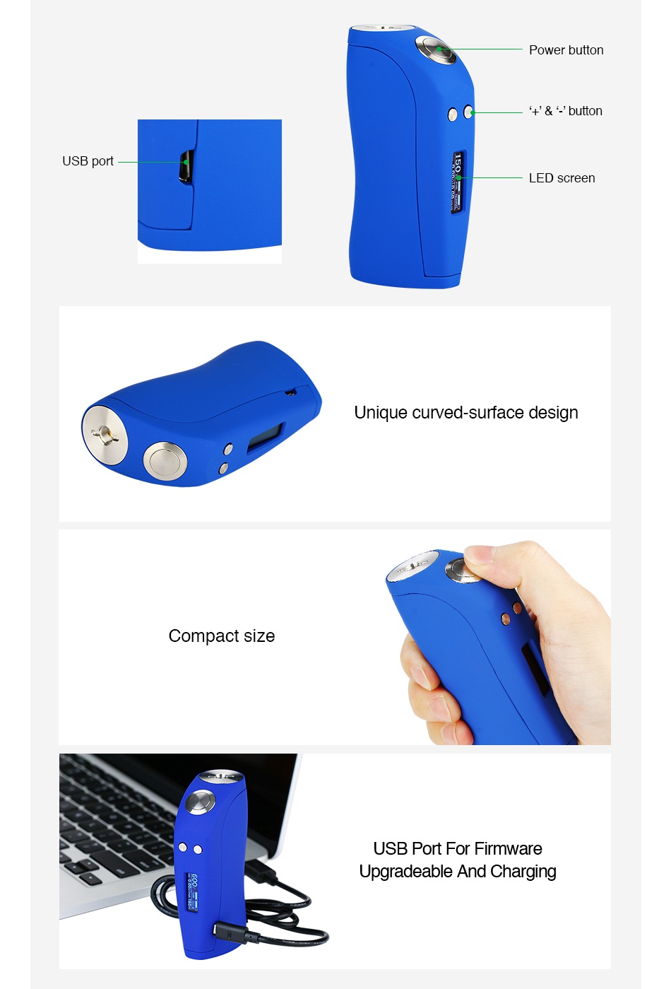 Envii Loch Ness 150W TC Box Mod wer butto     button USB port LED Unique curved surface design Compact size USB Port for firmware Upgradeable And Charging