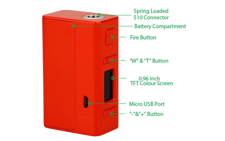 Aspire NX100 100W TC MOD Spring Loaded 510 Connector Battery Compartment Fire button W t Button 0 96 Inch TET Colour Screen Micro usb port  t butt