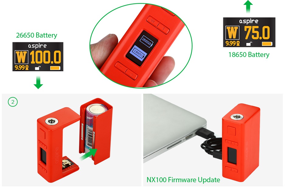 Aspire NX100 100W TC MOD sp 26650 Battery W750 aspire 999g W100 0 18650 Battery 999g NX100 Firmware Update