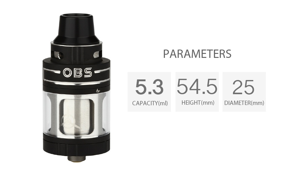 OBS Engine Nano RTA Atomizer 5.3ml PARAMETERS   S 5354 525 CAPACITY mD EIGHT mm  DIAMETER mm