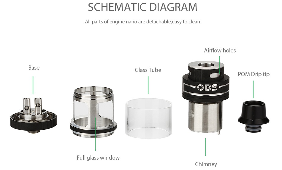 OBS Engine Nano RTA Atomizer 5.3ml SCHEMATIC DIAGRAM All parts of engine nano are detachable  easy to clean Airflow holes Glass tub POM Drip tip  S glass window Chimney