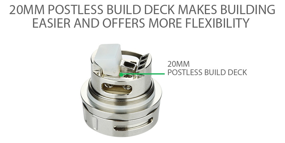 GeekVape Ammit RTA Dual Coil Version 3ml 20MM POSTLESS BUILD DECK MAKES BUILDING EASIER AND OFFERS MORE FLEXIBILITY 20MM POSTLESS BUILD DECK