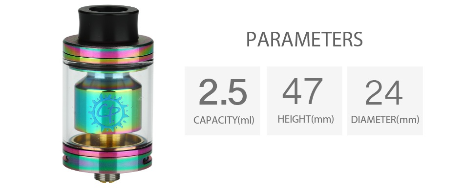 Advken CP RTA with 810 Drip Tip 2.5ml PARAMETERS 2 54724 CAPACITY ml  HEIGHT mm  DIAMETER mm