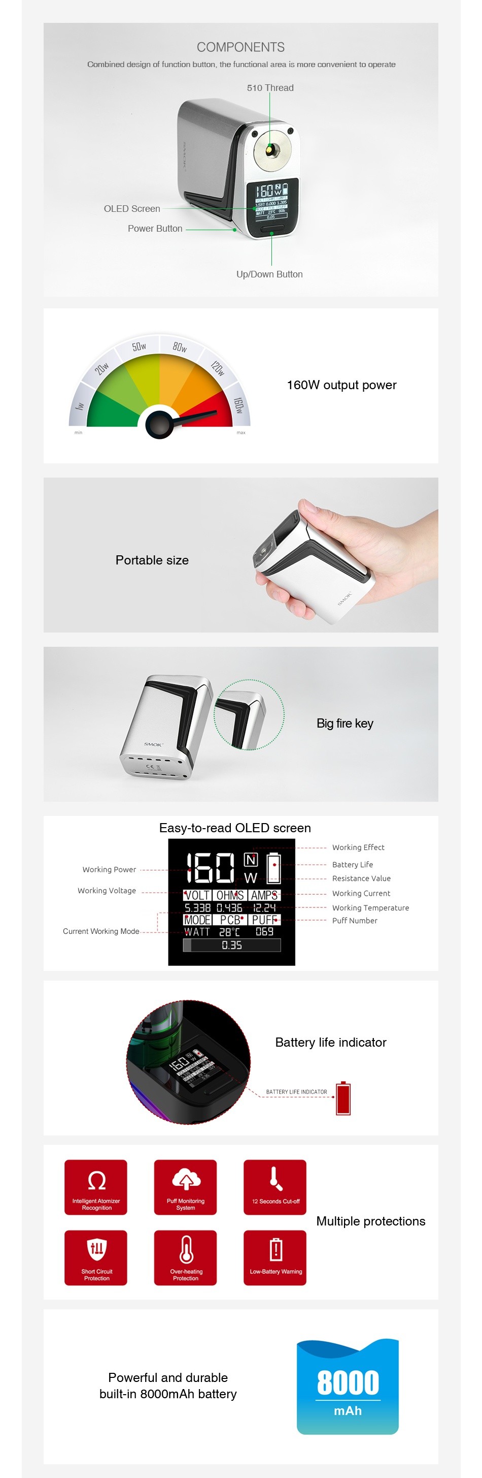 SMOK V-FIN 160W TC Box MOD 8000mAh SMoK  SMOK Silver black Black red SMOK SMOK SMOK White  7 Color Black Purple Black  7 colo