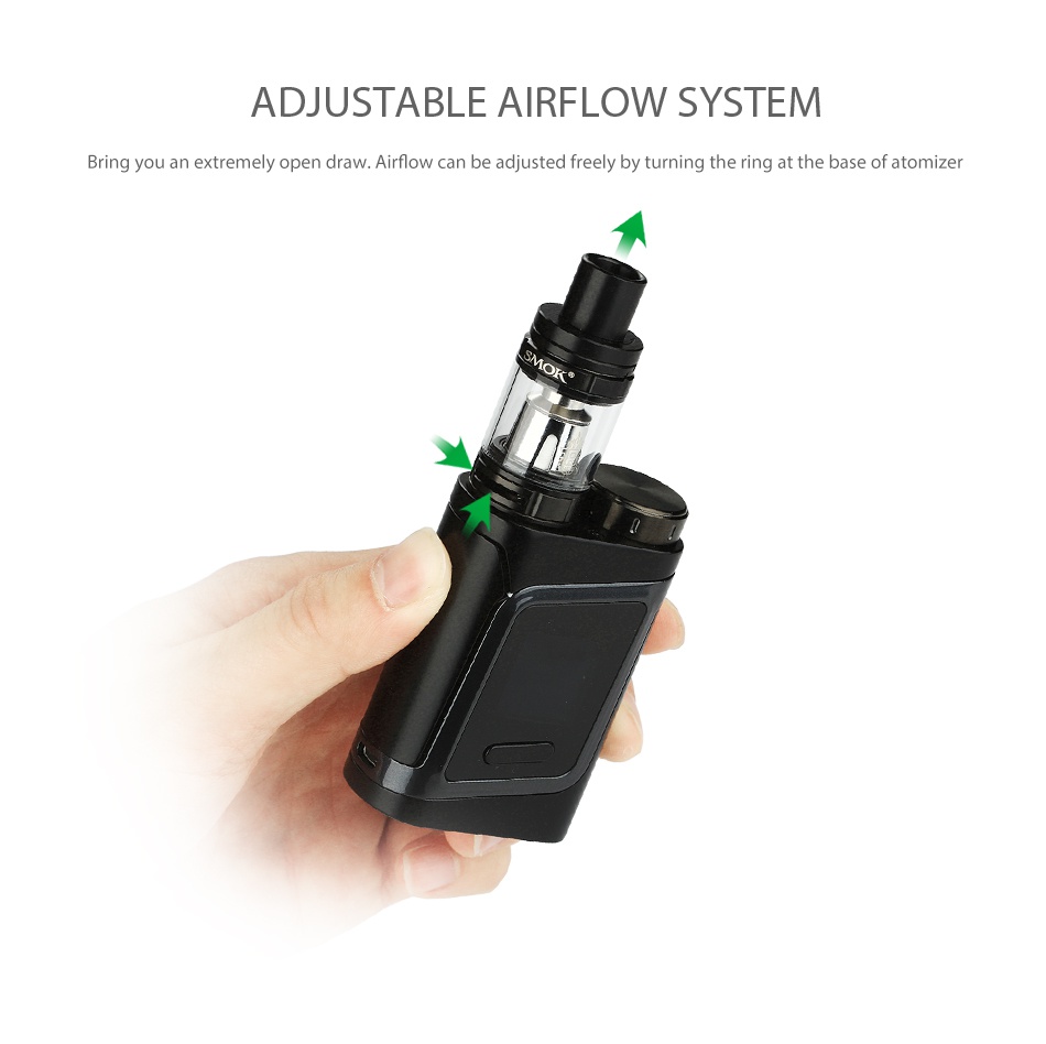 SMOK Alien Baby AL85 TC Starter Kit ADJUSTABLE AIRFLOW SYSTEM g you an extremely open draw Airflow can be adjusted freely by turning the ring at the base of atomizer