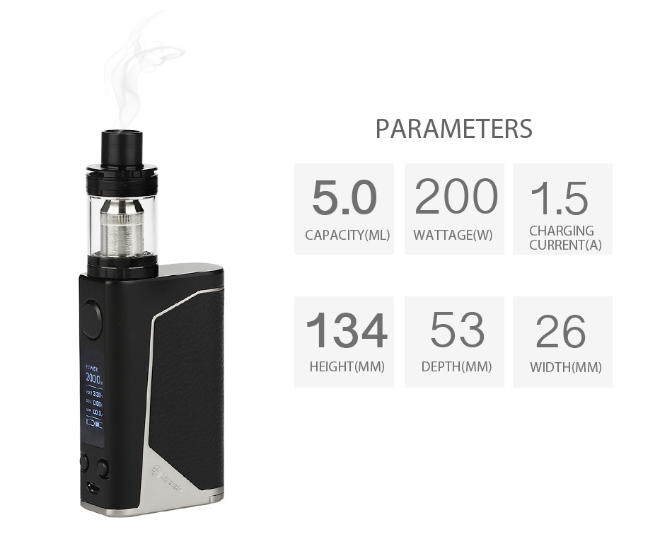 Joyetech eVic Primo 200W with UNIMAX 25 Full Kit PARAMETERS 5 02001 5 CAPACITY ML WATTAGE W  CHARGING CURRENT A  1345326 HEIGHT  MN DEPTH MM  WIDTH MM