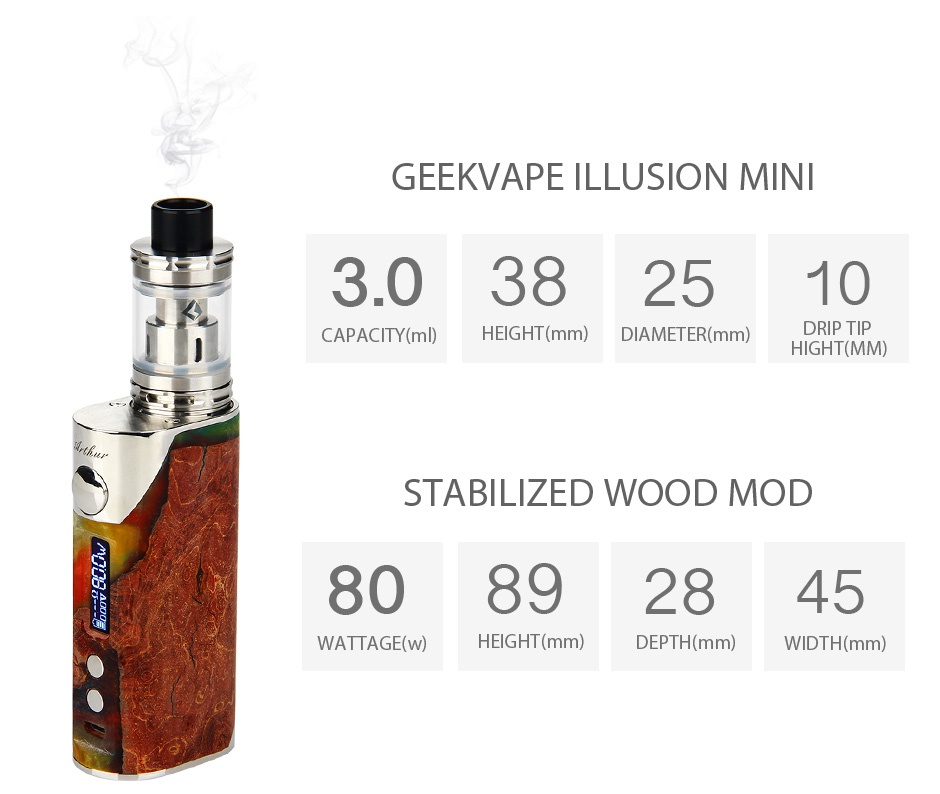 Arctic Dolphin Arthur 80W Stabilized Wood MOD + GeekVape Illusion Mini Tank GEEKVAPE ILLUSION MIN 3 0382510 CAPACITY ml  HEIGHT mm  DIAMETER mm DRIP TIP HIGHT MM STABILIZED WOOD MOD 80892845 WATTAGE w  HEIGHT mm DEPTH mm WIDTH mm