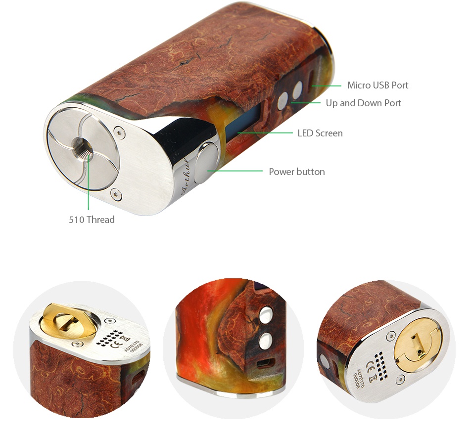 Arctic Dolphin Arthur 80W Stabilized Wood MOD + GeekVape Illusion Mini Tank Up and d Port ower button 510 Thread