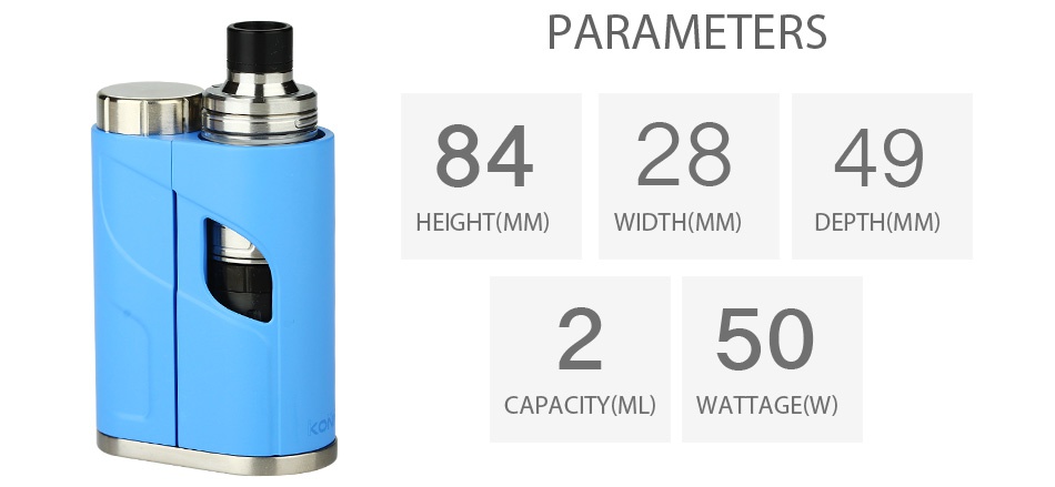 Eleaf iKonn Total with Ello Mini Full Kit 2ml PARAMETERS 842849 HEIGHT MM  WIDTH MM  DEPTH MM  250 CAPACITY ML  WATTAGE W