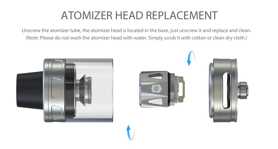 Joyetech eVic Primo 2.0 228W with ProCore Aries Full Kit ATOMIZER HEAD REPLACEMENT Unscrew the atomizer tube  the atomizer head is located in the base  just unscrew it and replace and clean Note  Please do not wash the atomizer head with water  Simply scrub it with cotton or clean dry cloth