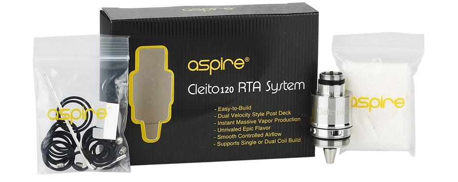 Aspire Cleito 120 RTA System Cleito120 RTA Syrtem aspIre Dual Velocity Style Post Deck mooth Controlled Airflow Supports Single or Dual Coil Build