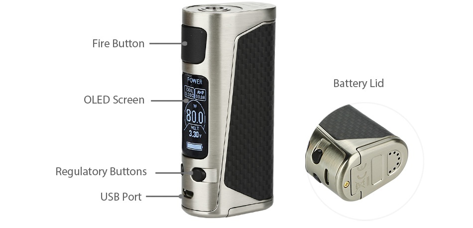 Joyetech eVic Primo Mini 80W TC MOD Fire button Battery Lid OLED Screen Requlatory buttons USB Port