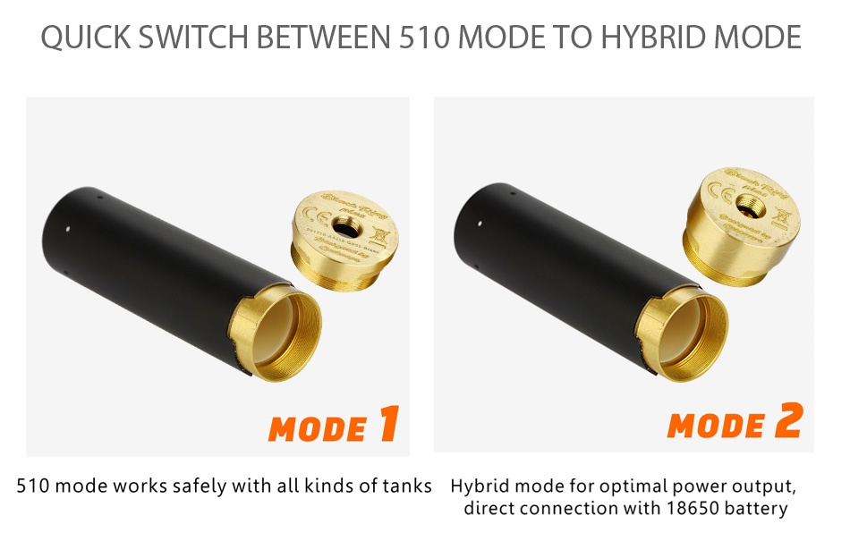 GeekVape Black Ring Plus MECH MOD QUICK SWITCH BETWEEN 510 MODE TO HYBRID MODE MODE T MODE 2 510 mode works safely with all kinds of tanks Hybrid mode for optimal power output  direct connection with 18650 battery